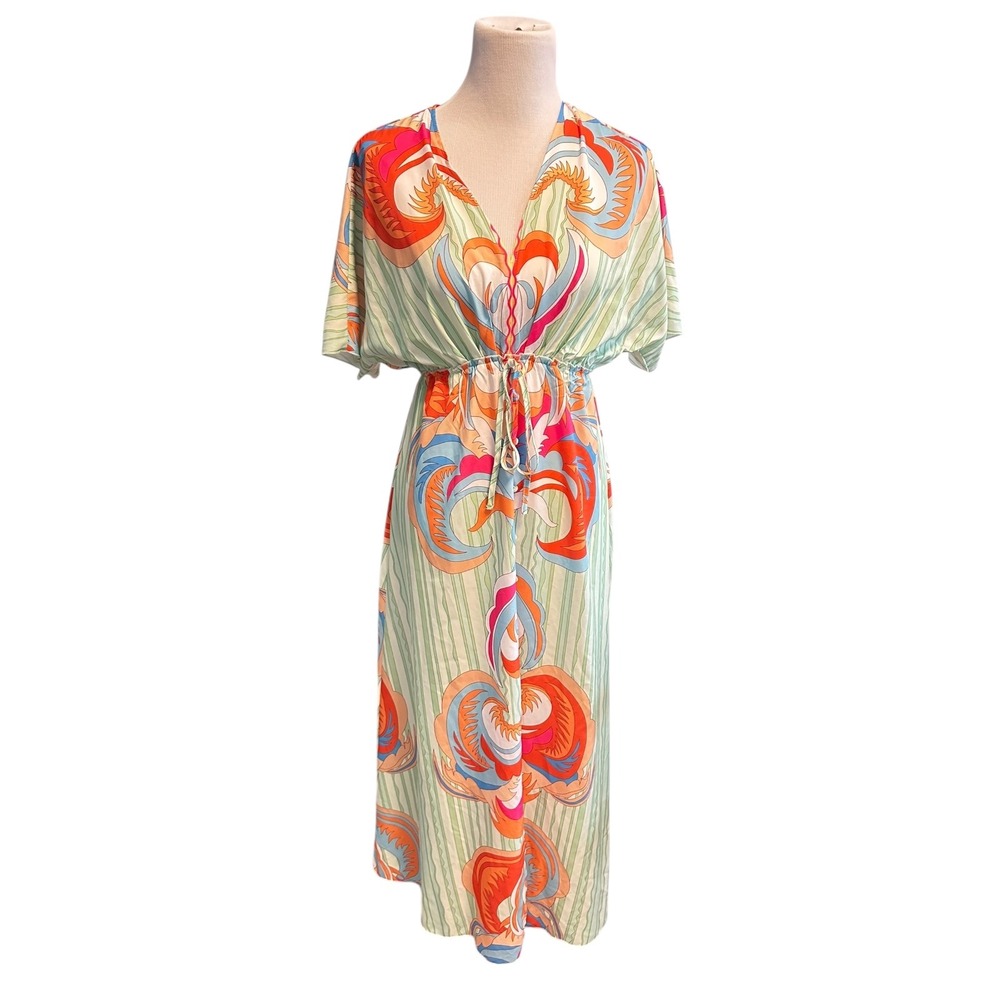 SHEIN Women's S Green Orange Abstract Print Kimono Sleeve Drawstring Maxi Dress - Picture 2 of 16
